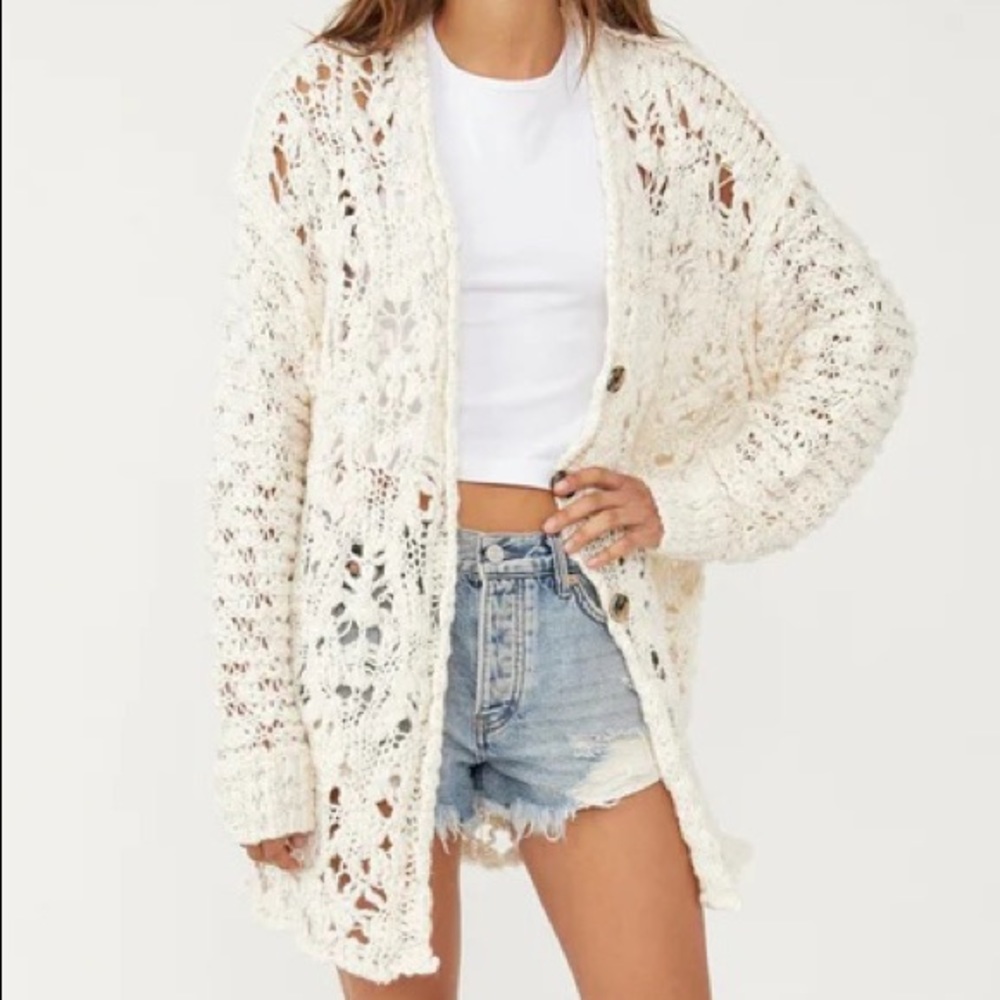 NWT Free People Imelda Ivory Crochet Cardigan with Buttons Size XS